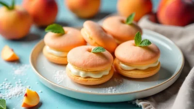 Peach-shaped sandwich cookies with sugar coating and mint leaves