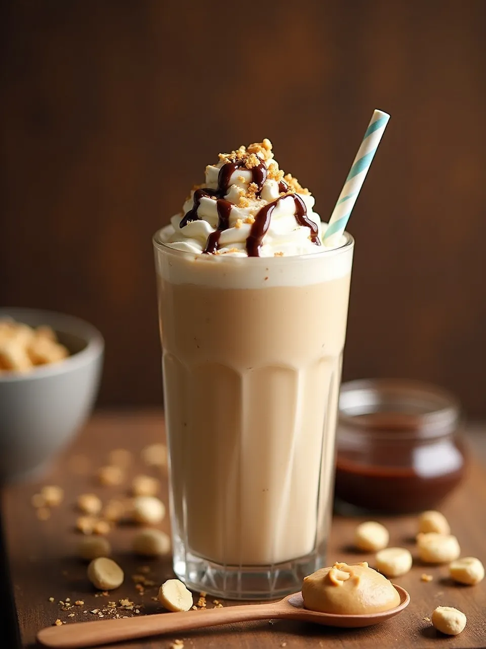 Peanut butter milkshake in a tall glass topped with whipped cream, chocolate drizzle, and crushed peanuts.