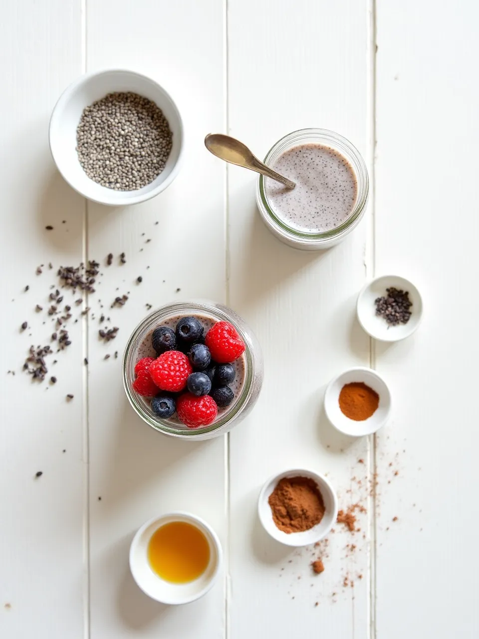 Chia pudding essentials including seeds, almond milk, sweeteners, spices, and a finished jar with fresh berries on a wooden surface.