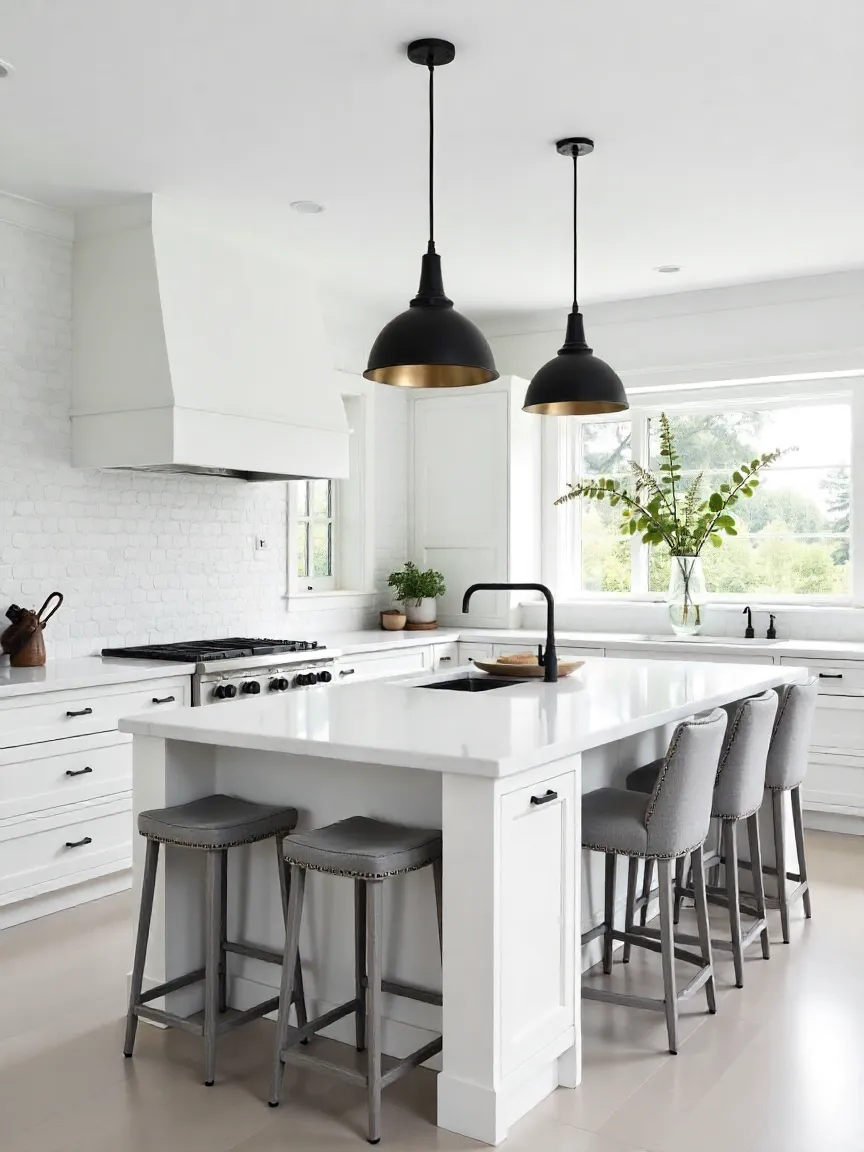 Modern kitchen island with perfectly sized pendant lights hanging above, showcasing proper scale and style.