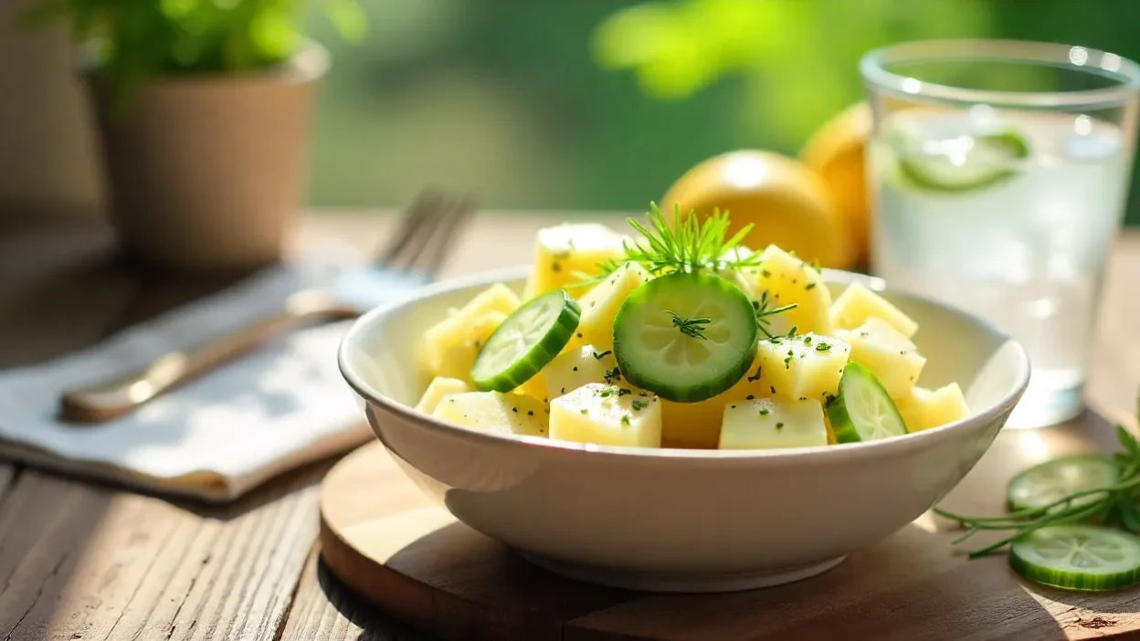 Fresh potato-cucumber salad in a white bowl with creamy dressing, garnished with dill and lemon slices on a rustic wooden table.