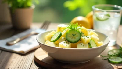 Fresh potato-cucumber salad in a white bowl with creamy dressing, garnished with dill and lemon slices on a rustic wooden table.