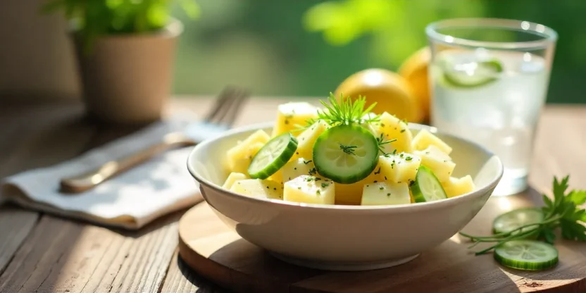 Fresh potato-cucumber salad in a white bowl with creamy dressing, garnished with dill and lemon slices on a rustic wooden table.