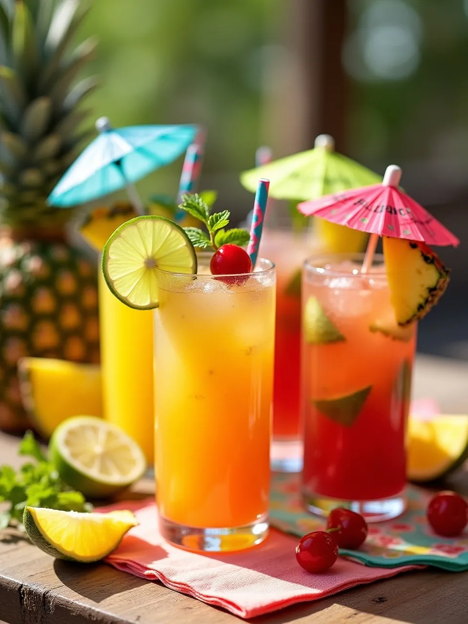 Tropical cocktails with colorful garnishes like mint, lime, and pineapple served on a bright summer table.