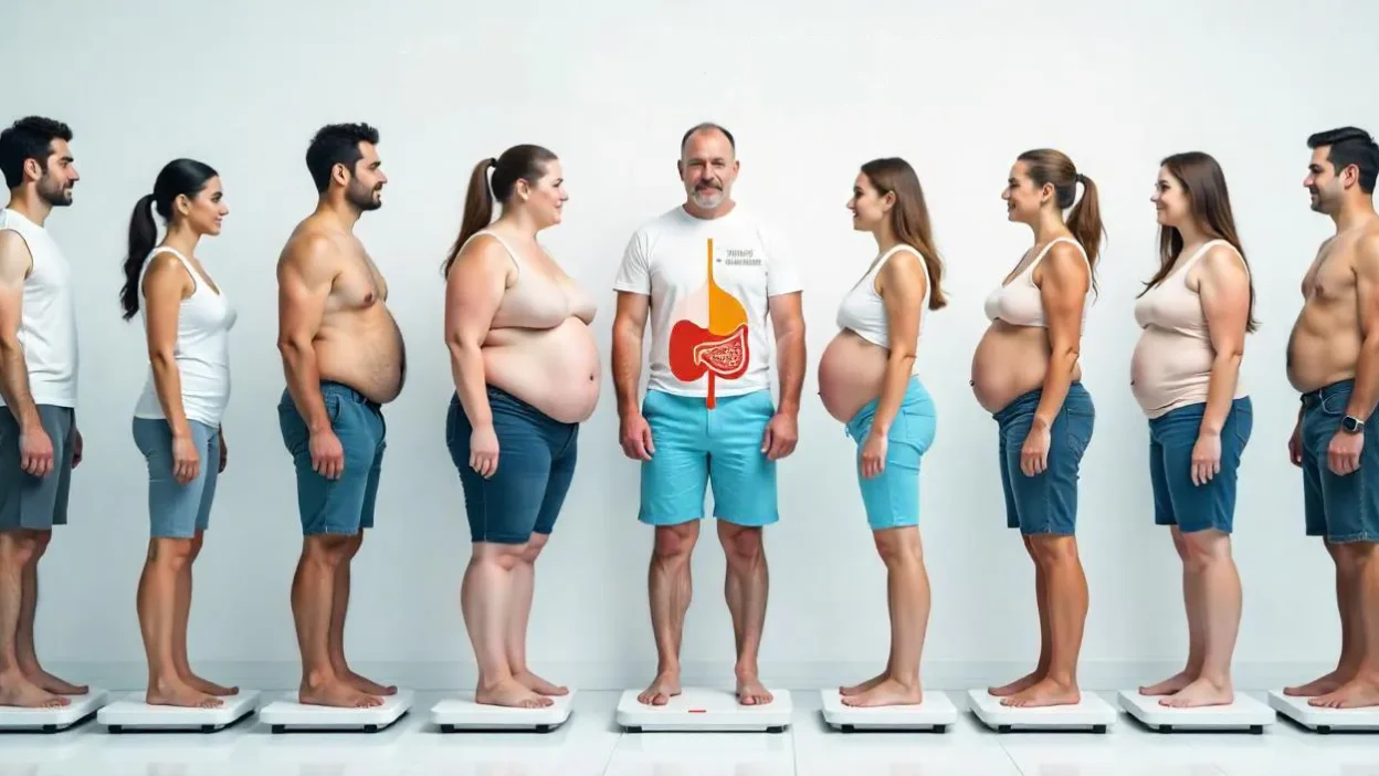 A person stands barefoot on a scale in a bright room with anatomical visual overlays showing types of body fat, without any text or labels.