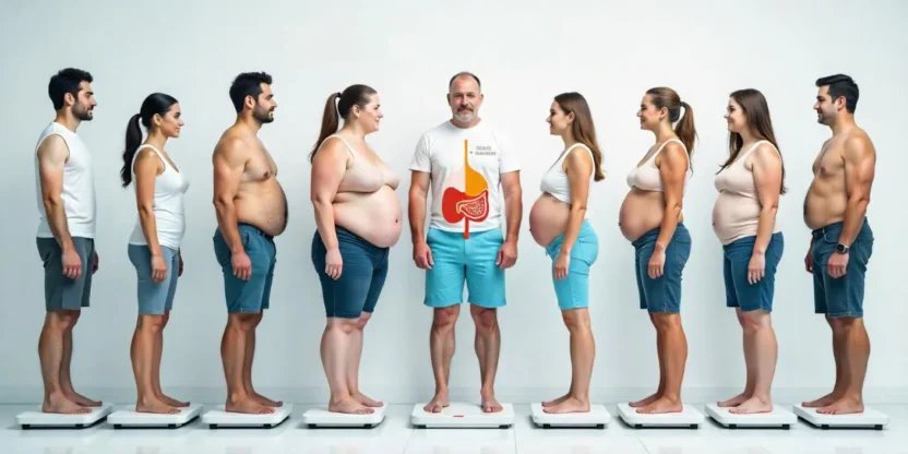 A person stands barefoot on a scale in a bright room with anatomical visual overlays showing types of body fat, without any text or labels.