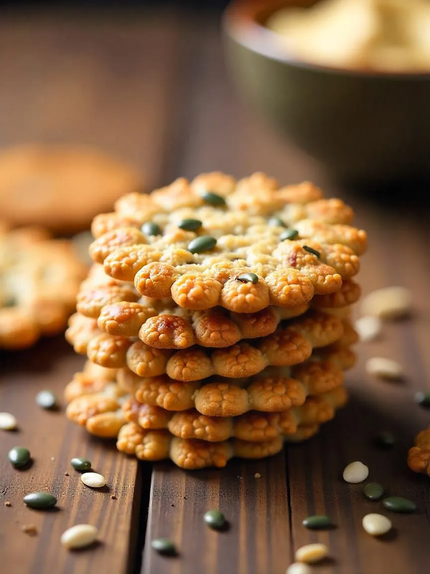 Homemade pine nut and seed crackers with visible seeds, served with dip.