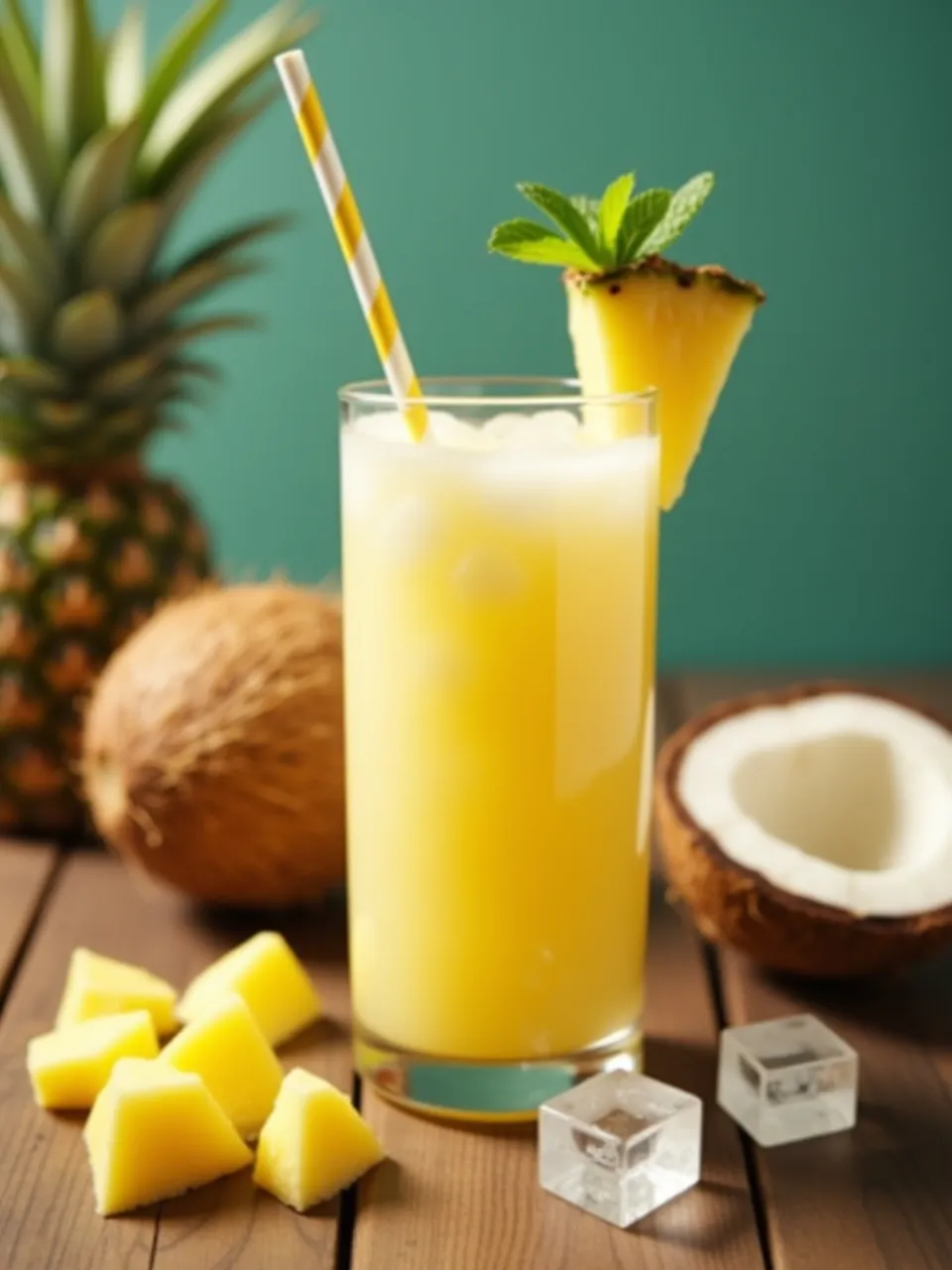 Pineapple coconut cooler in a tall glass with a pineapple wedge and mint garnish, surrounded by tropical ingredients.