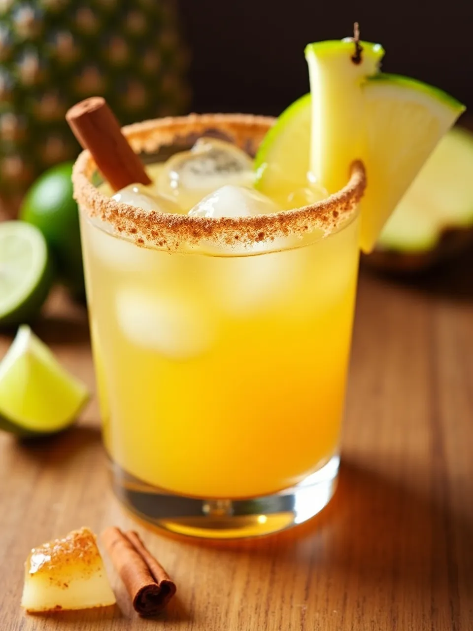 Pineapple Lime Cinnamon Whiskey cocktail garnished with lime, pineapple, and cinnamon stick on a tropical wooden table.