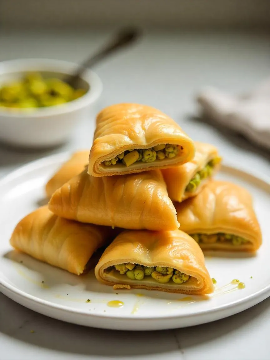 Flaky pistachio phyllo pastries with syrup glaze and nut filling.