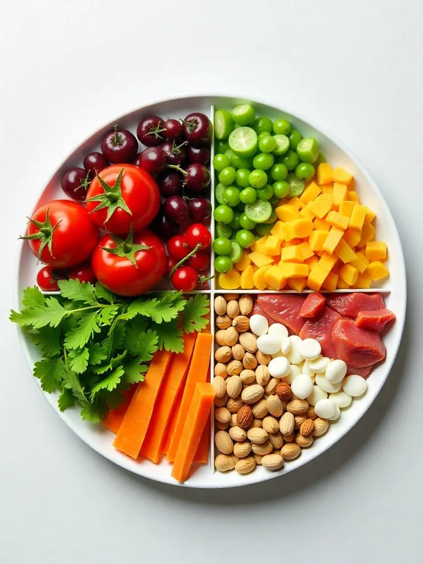 An illustrated food plate showing scientific targets for a planetary health diet with balanced proportions of plant-based and limited animal-based foods.