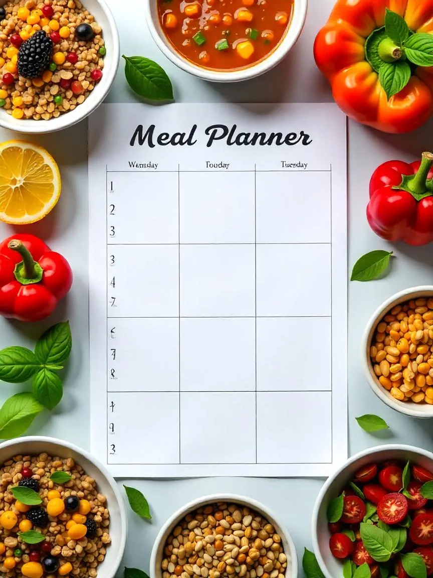 A photorealistic spread of colorful, balanced meals representing a 7-day planetary health diet meal plan, with grains, legumes, fruits, and vegetables.