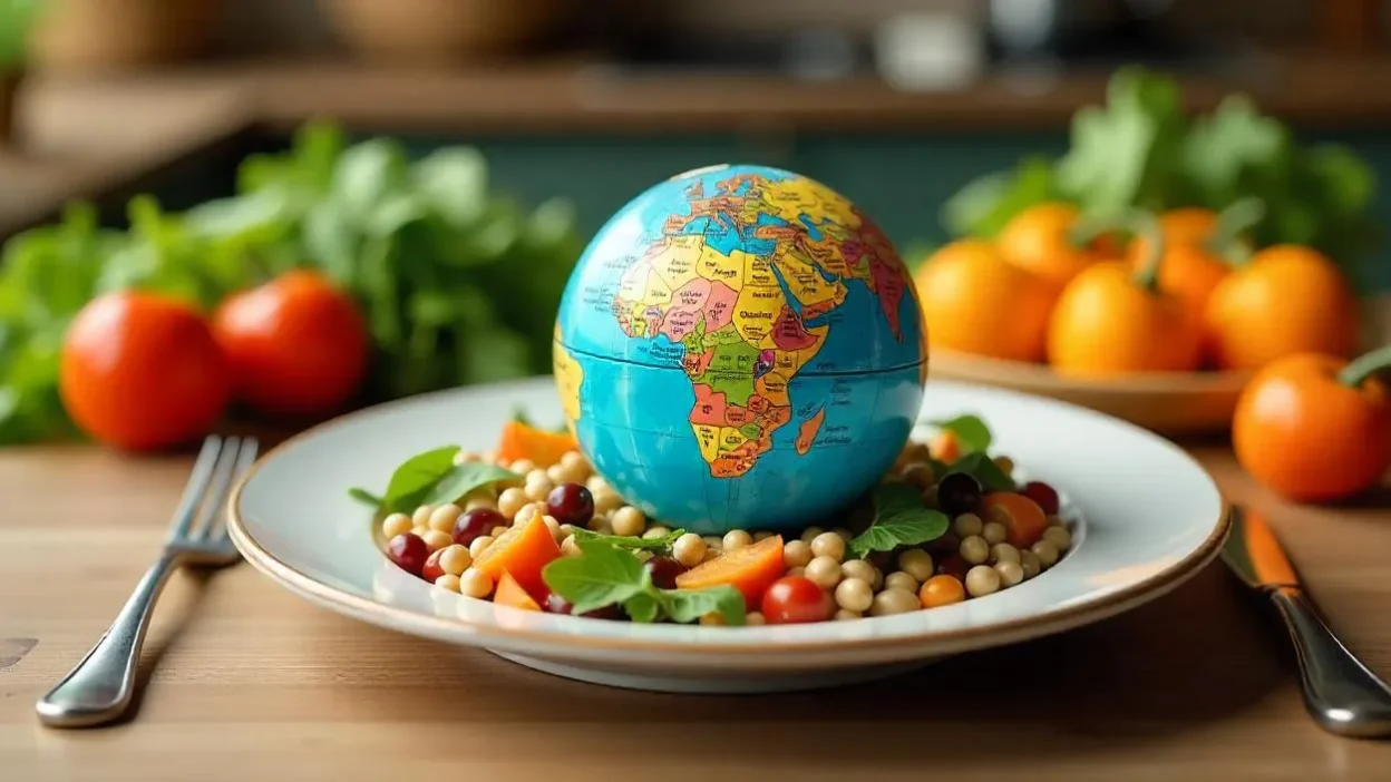 A globe on a dinner plate surrounded by plant-based foods, symbolizing sustainable eating for planetary health.