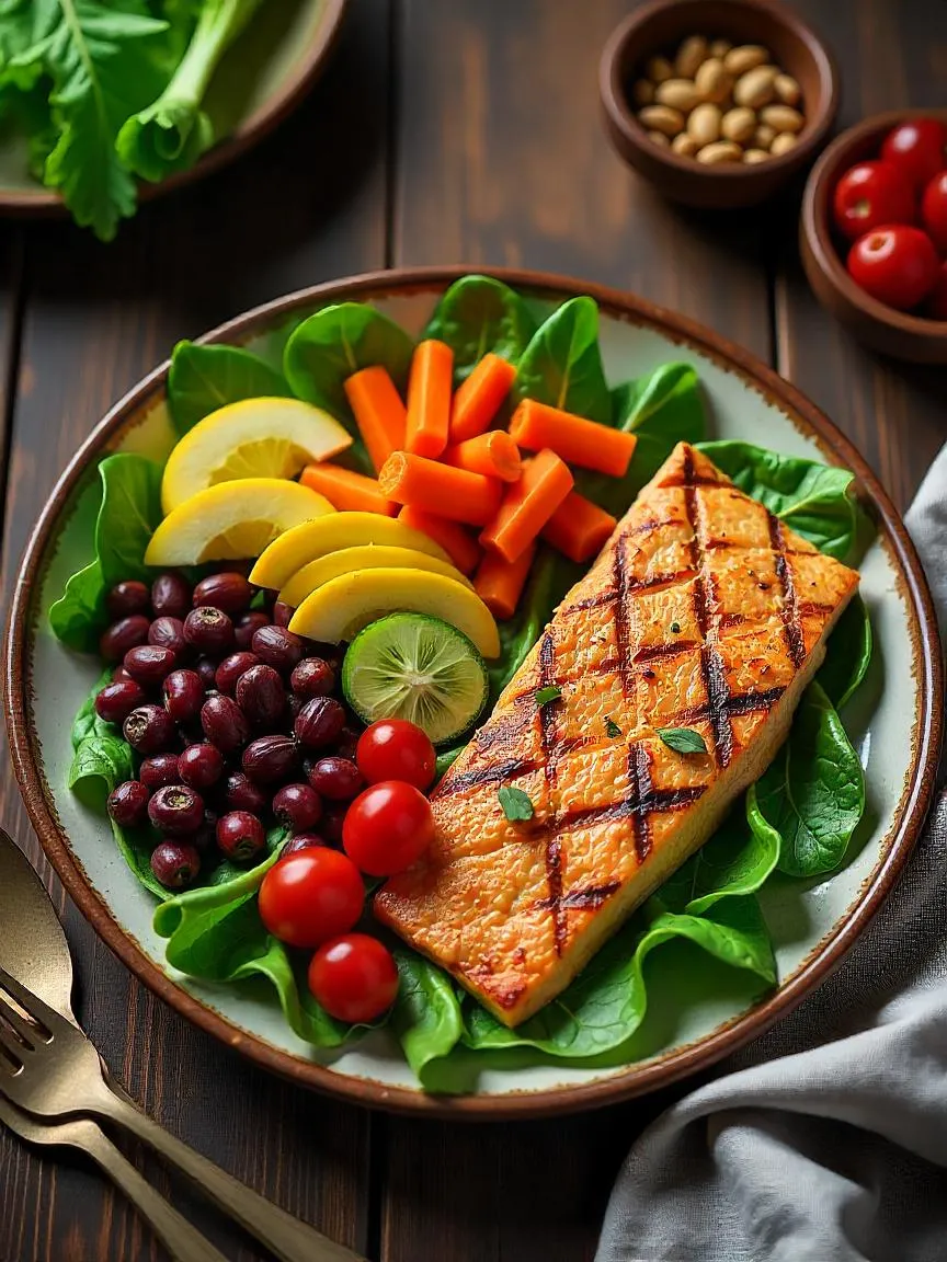 A balanced meal plate featuring plant-based foods and small amounts of animal products, representing a planetary health diet.