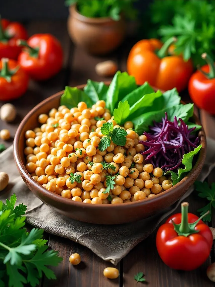 A photorealistic plate of plant-forward foods including grains, legumes, and vegetables, emphasizing sustainable and healthy eating.