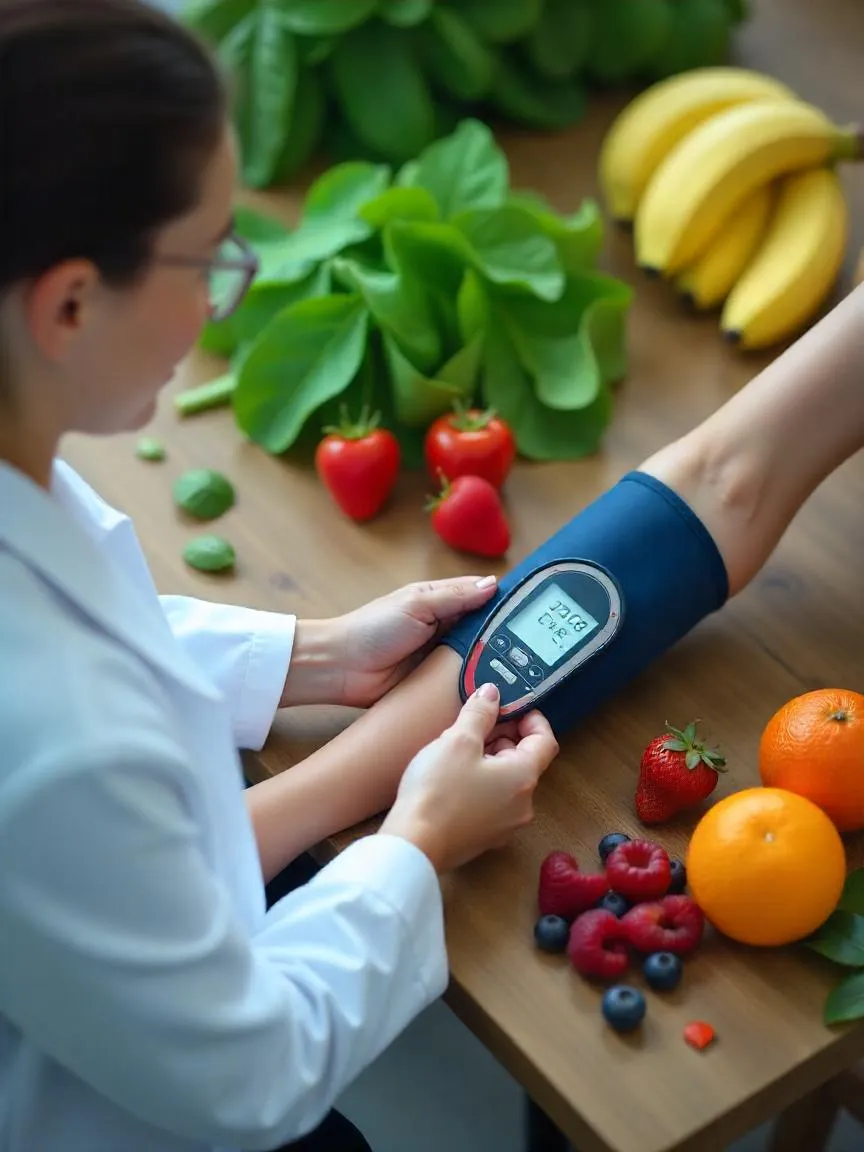 Doctor checking blood pressure next to fruits and vegetables, showing the link between plant-rich diets and healthy blood pressure. 