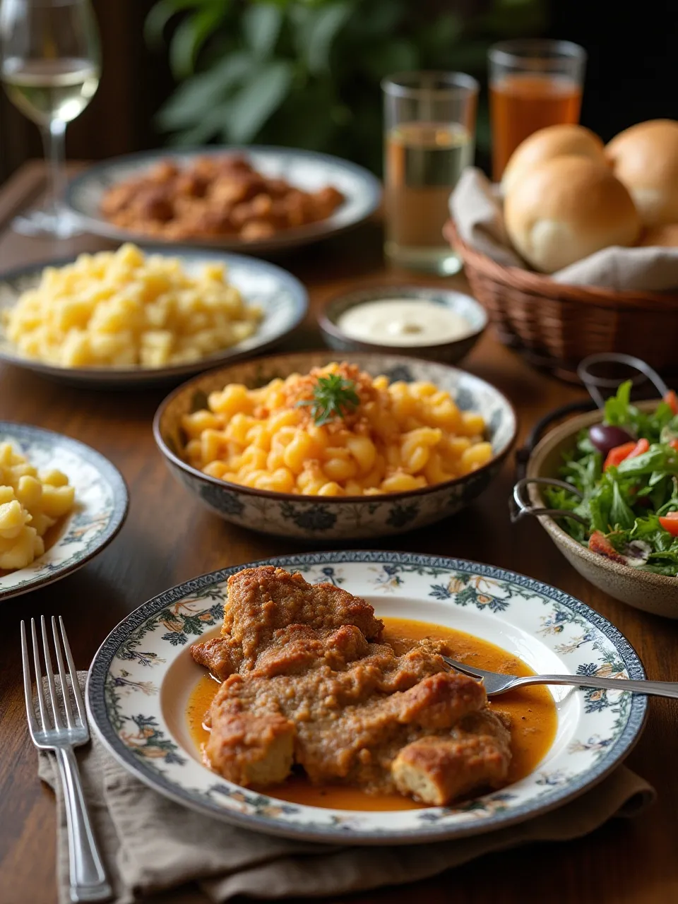Table spread with family-favorite weekend dishes like macaroni and cheese, chicken casserole, and meatloaf with mashed potatoes.