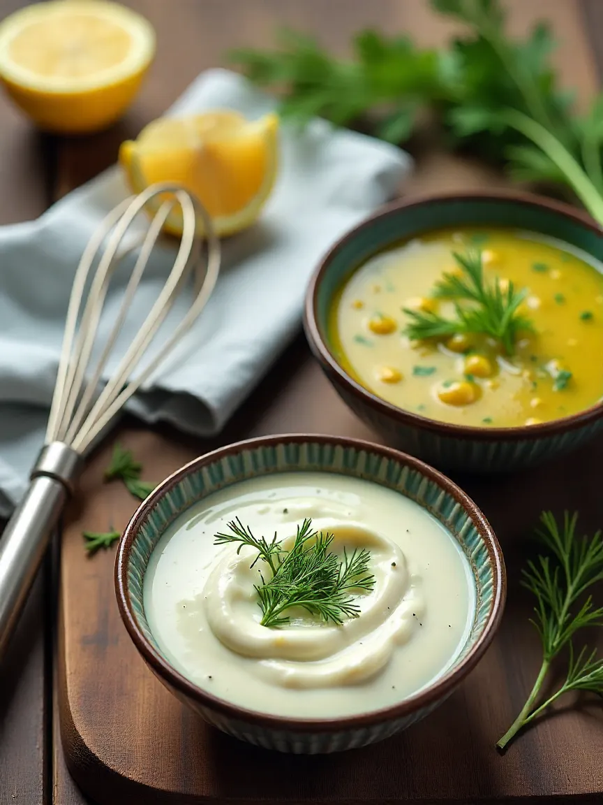 Creamy dill dressing and classic vinaigrette for potato-cucumber salad, displayed with fresh herbs, lemon slices, and a whisk on a rustic table.