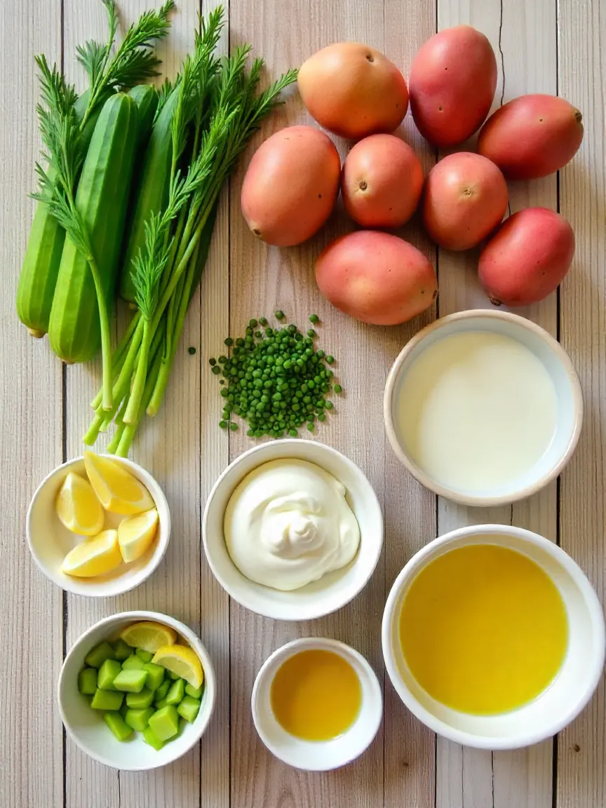 Fresh ingredients for potato-cucumber salad, including red potatoes, cucumbers, dill, and creamy dressing components on a rustic wooden surface.