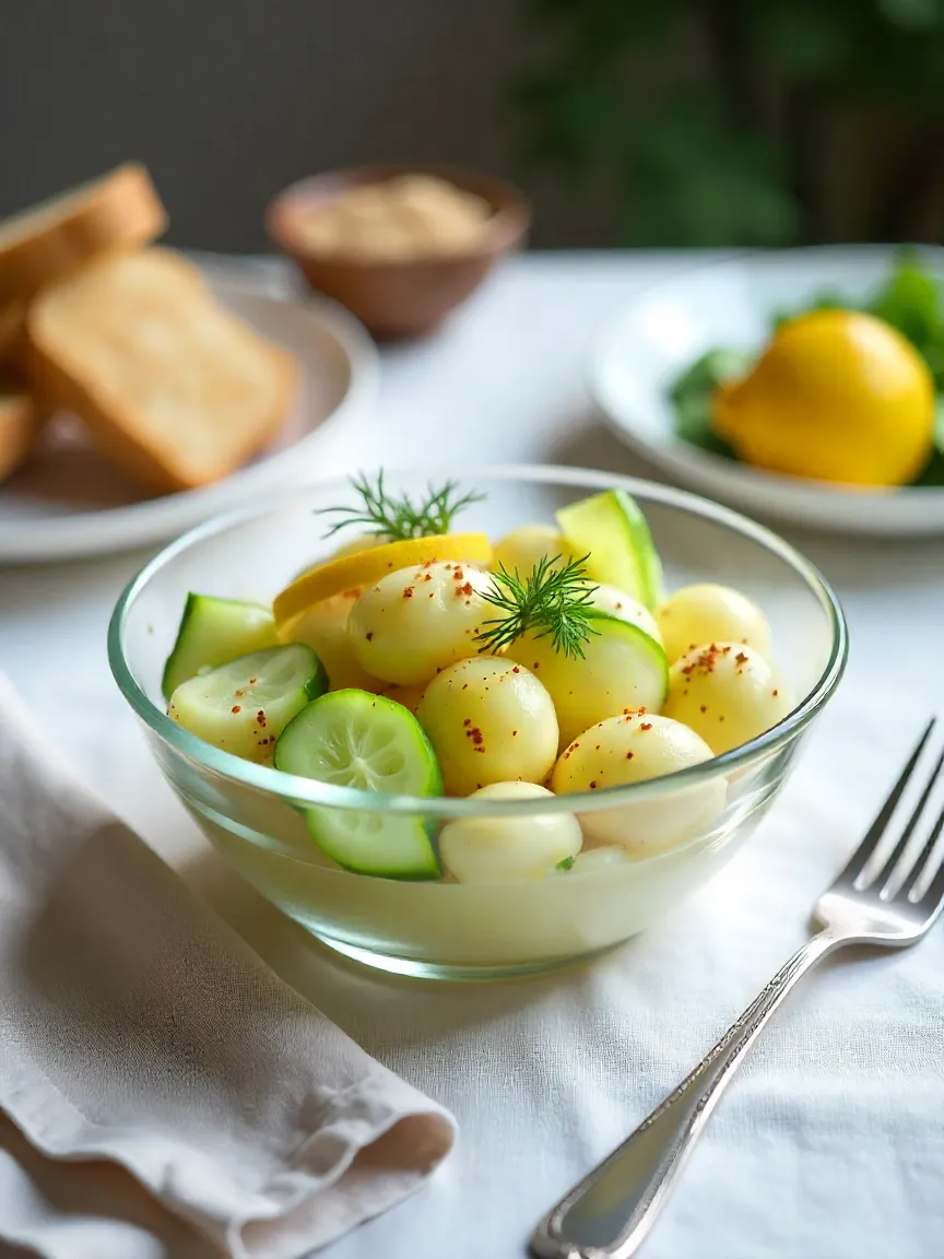 Potato-cucumber salad served in a glass bowl, garnished with dill and lemon slices, styled on a white table with bread and linen napkin.