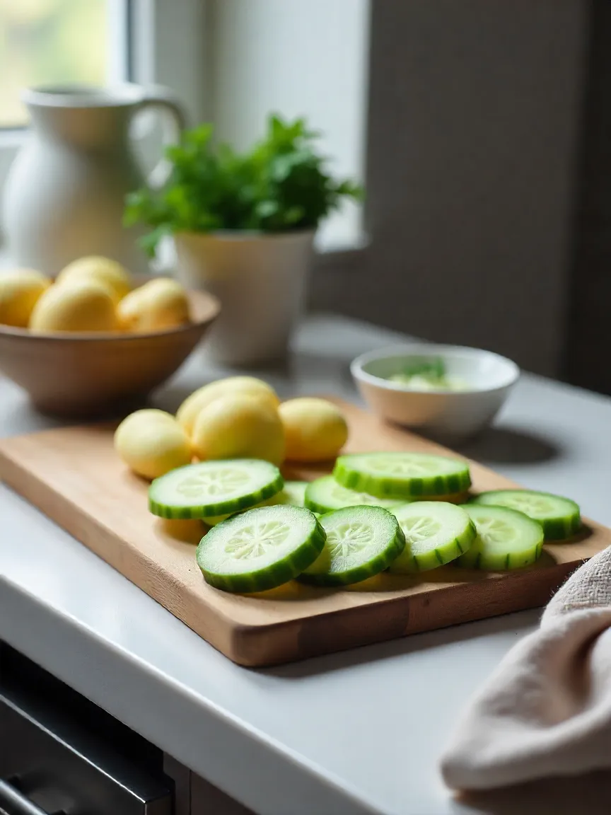 Step-by-step potato-cucumber salad prep with cooled potatoes, sliced cucumbers, creamy dressing, and fresh herbs on a bright kitchen counter.