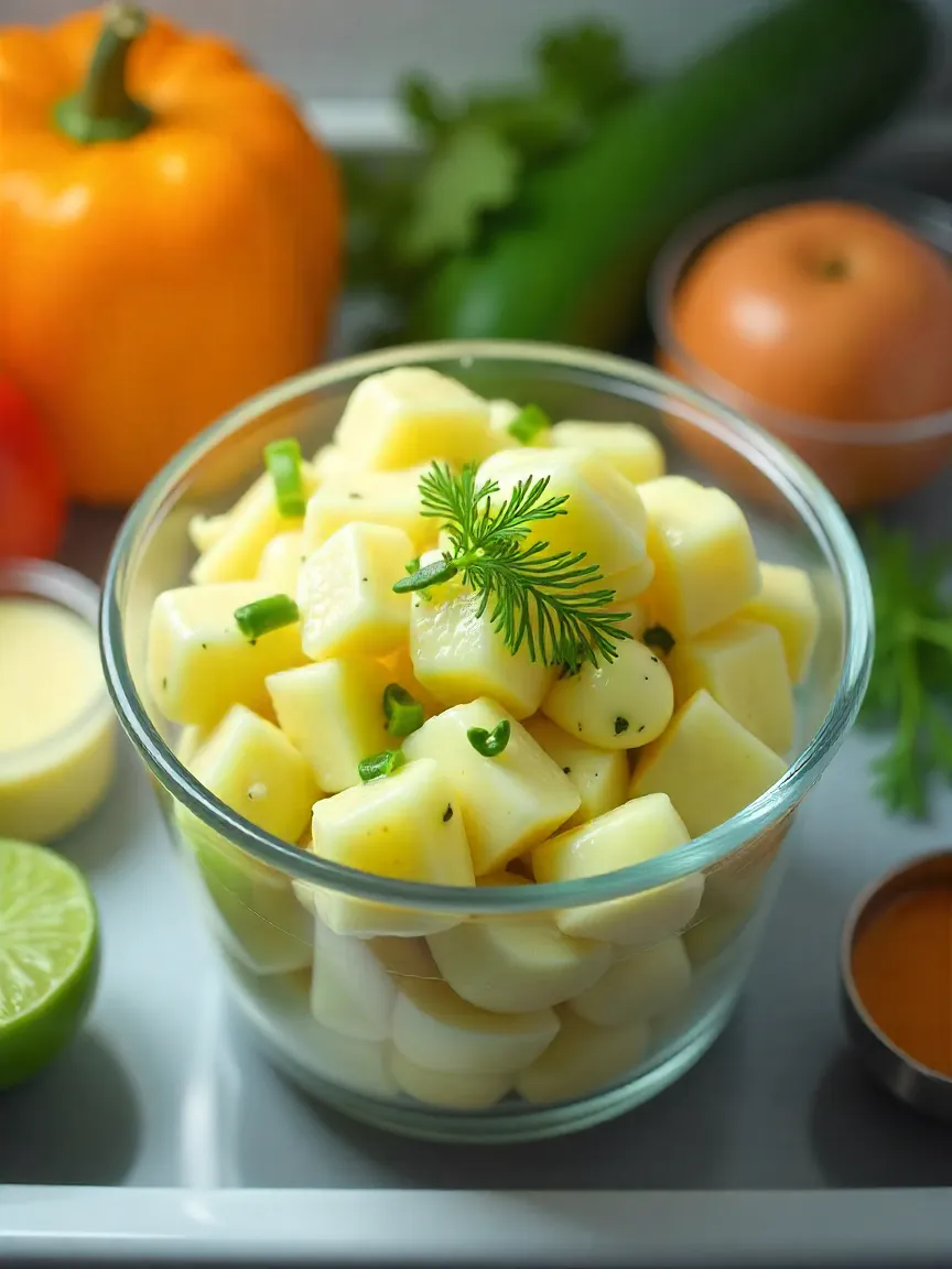 Potato-cucumber salad stored in an airtight container in the fridge with fresh herbs and extra dressing for meal prep.