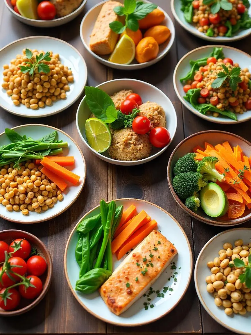 A photorealistic display of balanced, portion-controlled plant-based dishes on a table, illustrating the principles of a planetary health plate.