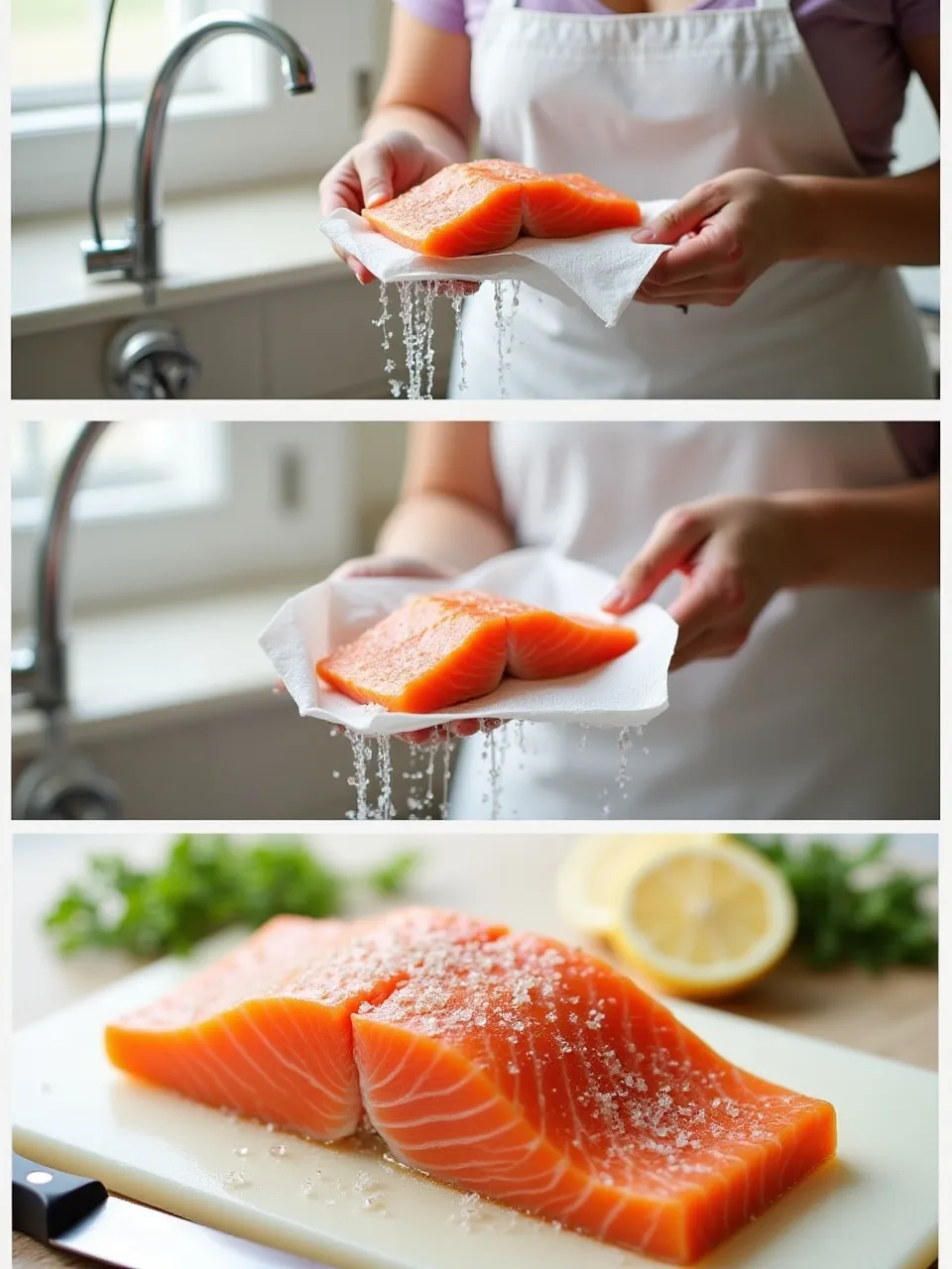 Salted salmon being rinsed, dried, and rested on a cutting board, ready to cook or slice, with herbs and lemon nearby.
