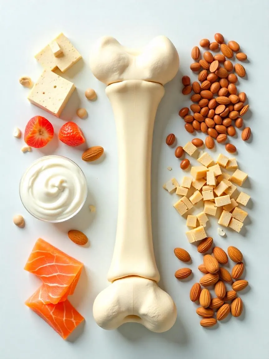 Healthy bone surrounded by protein-rich foods like yogurt, tofu, salmon, and beans.