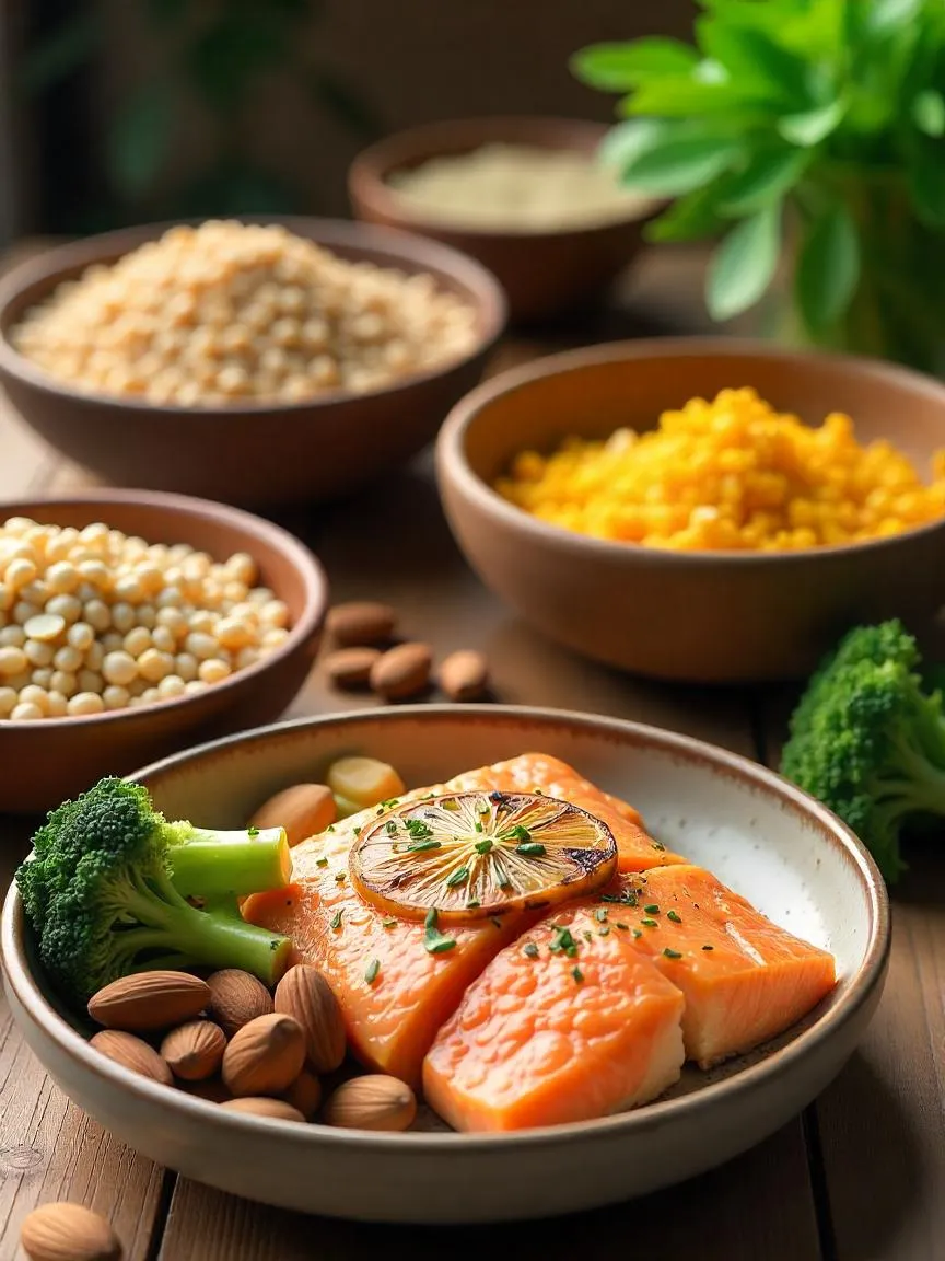 A selection of cancer-smart protein sources including tofu, lentils, grilled fish, almonds, and leafy vegetables on a wooden table.