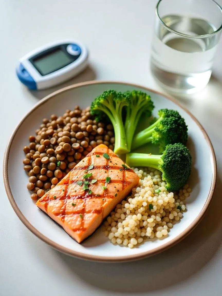 A diabetes-friendly protein meal with salmon, lentils, broccoli, and quinoa, served beside a glucometer and glass of water.