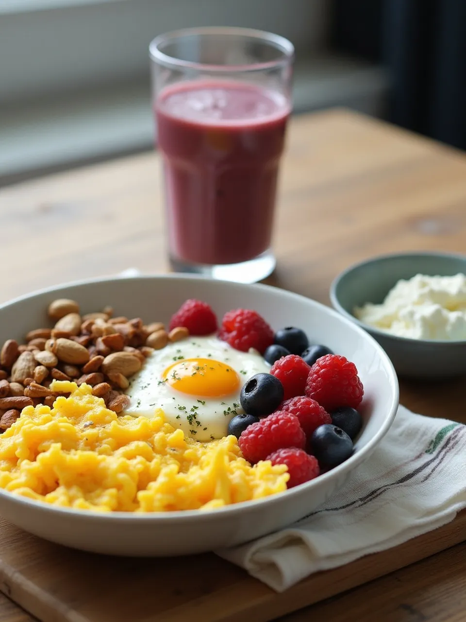 Protein-packed breakfast with scrambled eggs, Greek yogurt, berries, protein smoothie, and cottage cheese.