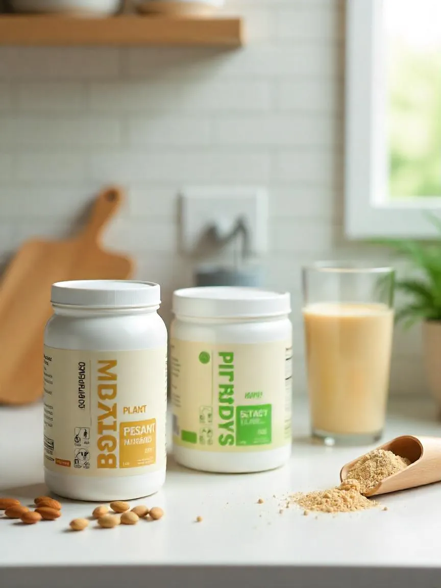 Various protein powder containers with a scoop, smoothie, and plant ingredients like peas and almonds on a kitchen counter.
