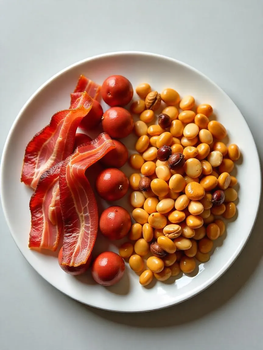 Side-by-side plates showing unhealthy processed meats and healthy proteins like beans, nuts, and fish.