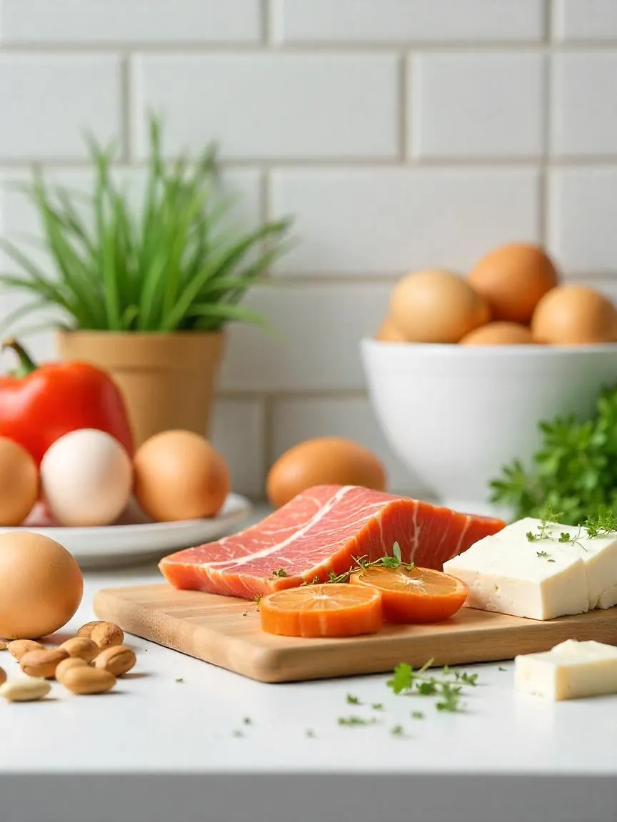 Various protein sources including fish, eggs, tofu, and labeled food products showing allergy and antibiotic considerations.