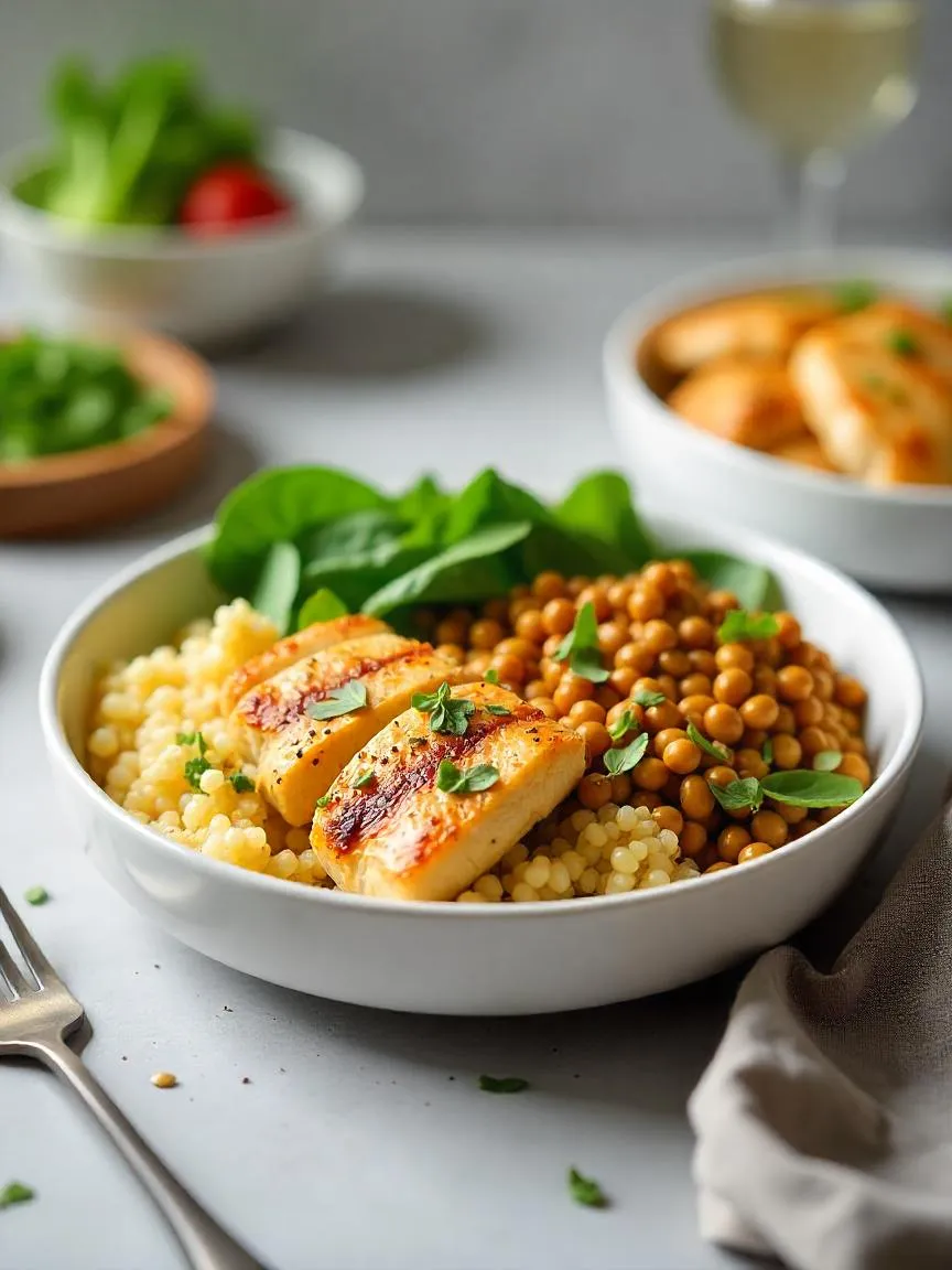 Protein-rich foods like chicken, lentils, and greens on a kitchen scale symbolizing weight control.