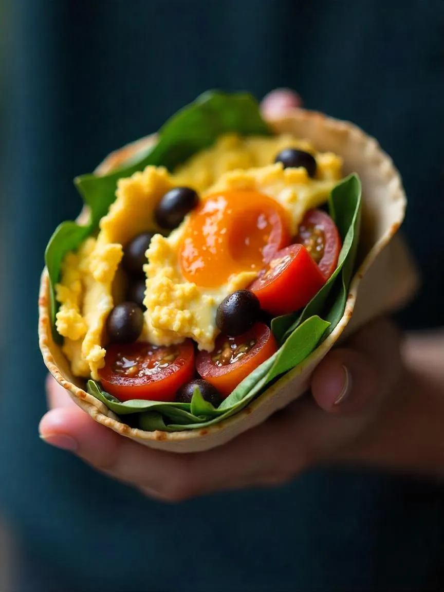 Whole wheat breakfast wrap filled with scrambled eggs, black beans, tomatoes, and spinach, showcasing a portable, high-protein meal ideal for busy mornings.