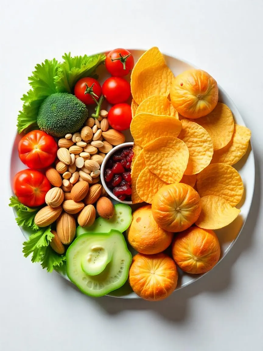 Flat lay of two plates showing high-quality and low-quality foods side by side, illustrating how food choices affect weight and health.
