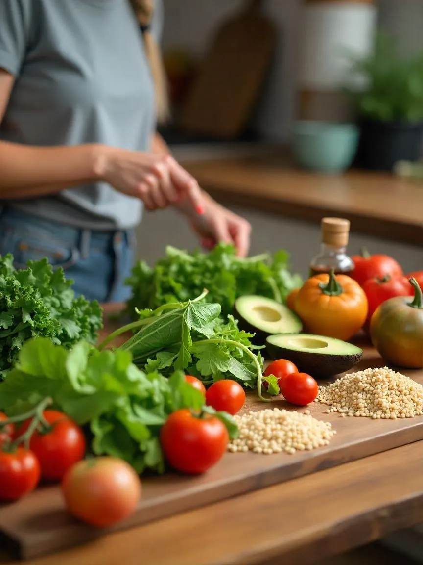 Person preparing a nutritious meal with fresh, high-quality ingredients like vegetables and whole grains.