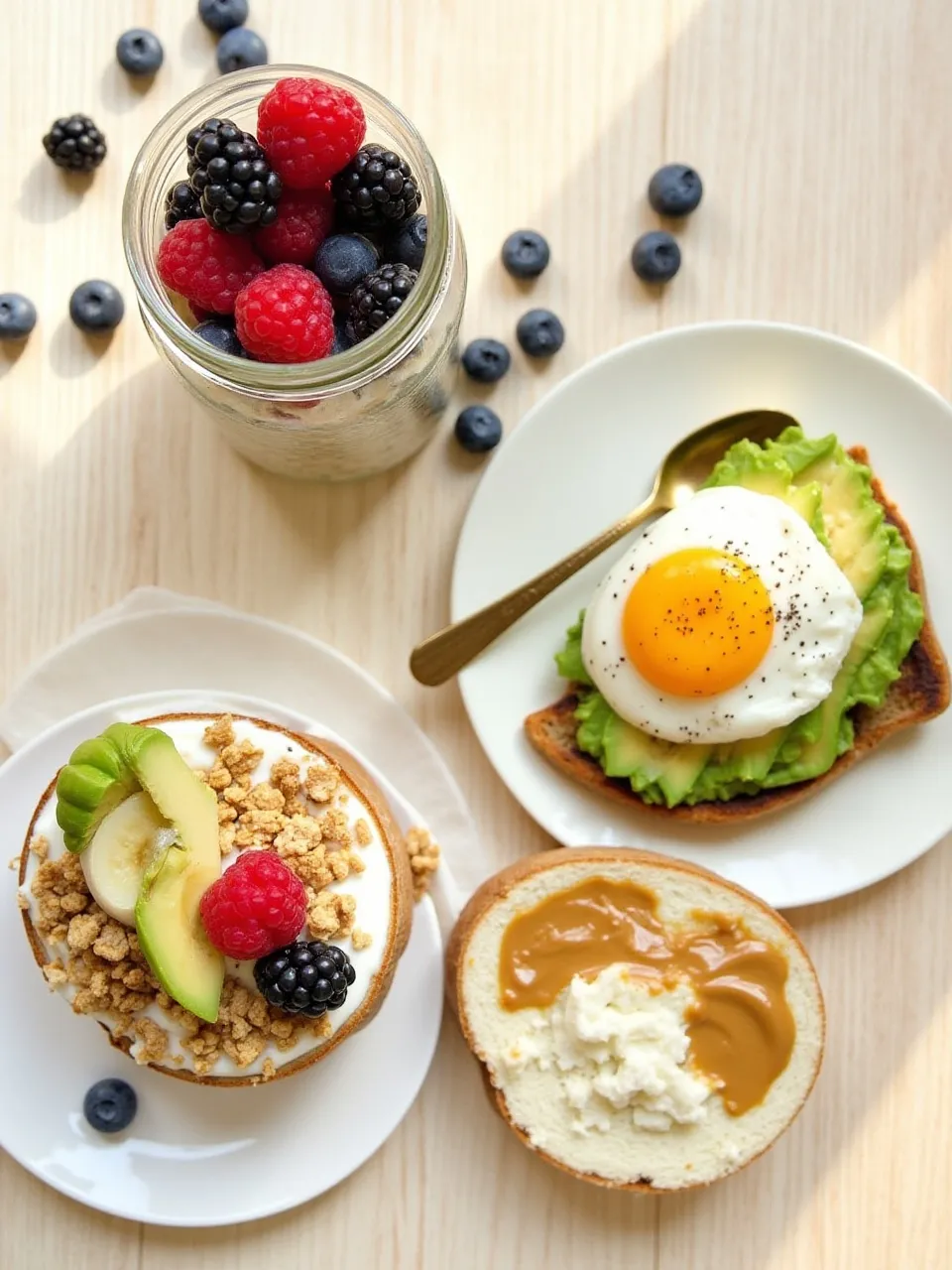 Quick and healthy breakfast ideas including overnight oats, avocado toast with egg, Greek yogurt parfait, and banana peanut butter wrap.