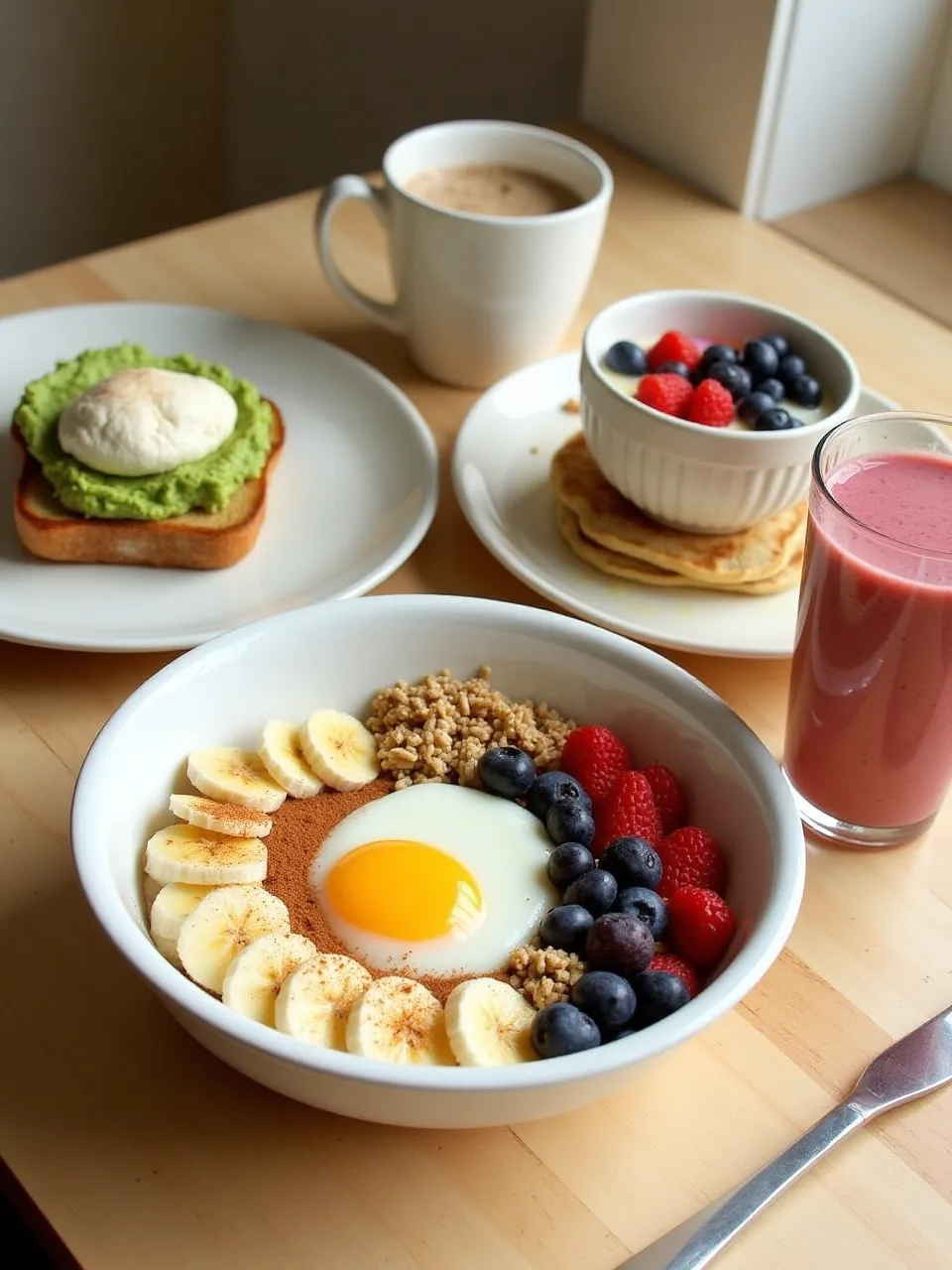 Healthy breakfast options including oatmeal with fruit, avocado toast with egg, smoothie bowl with berries, and banana pancakes.