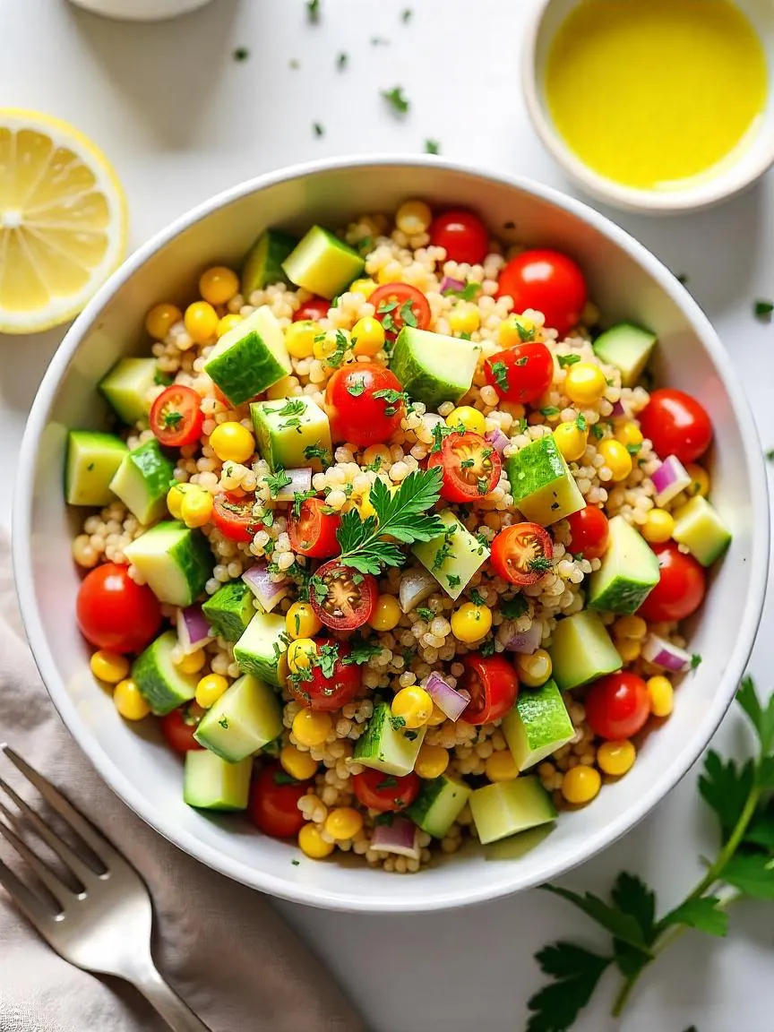 Colorful quinoa salad with fresh vegetables and lemon dressing, served in a bowl and garnished with herbs.