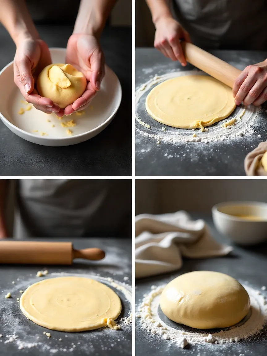 Process of making laminated dough: kneading, rolling, folding butter layers, and resting dough.
