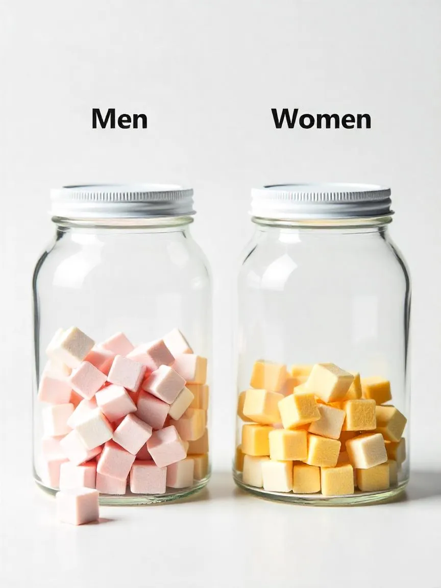 Visual showing recommended daily sugar limits for men and women using jars and sugar cubes next to common sugary foods.