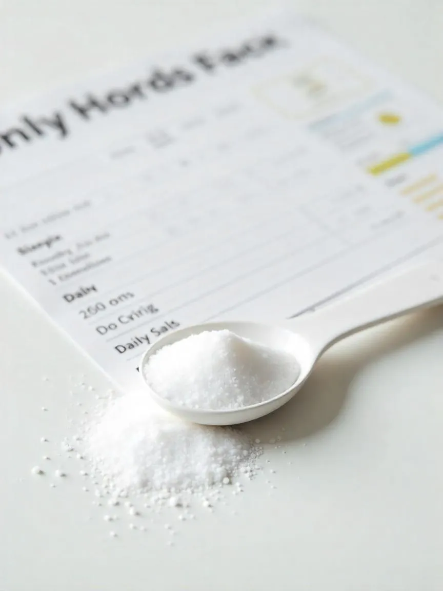 A teaspoon of salt next to a blank dietary guideline chart, representing sodium intake recommendations. 