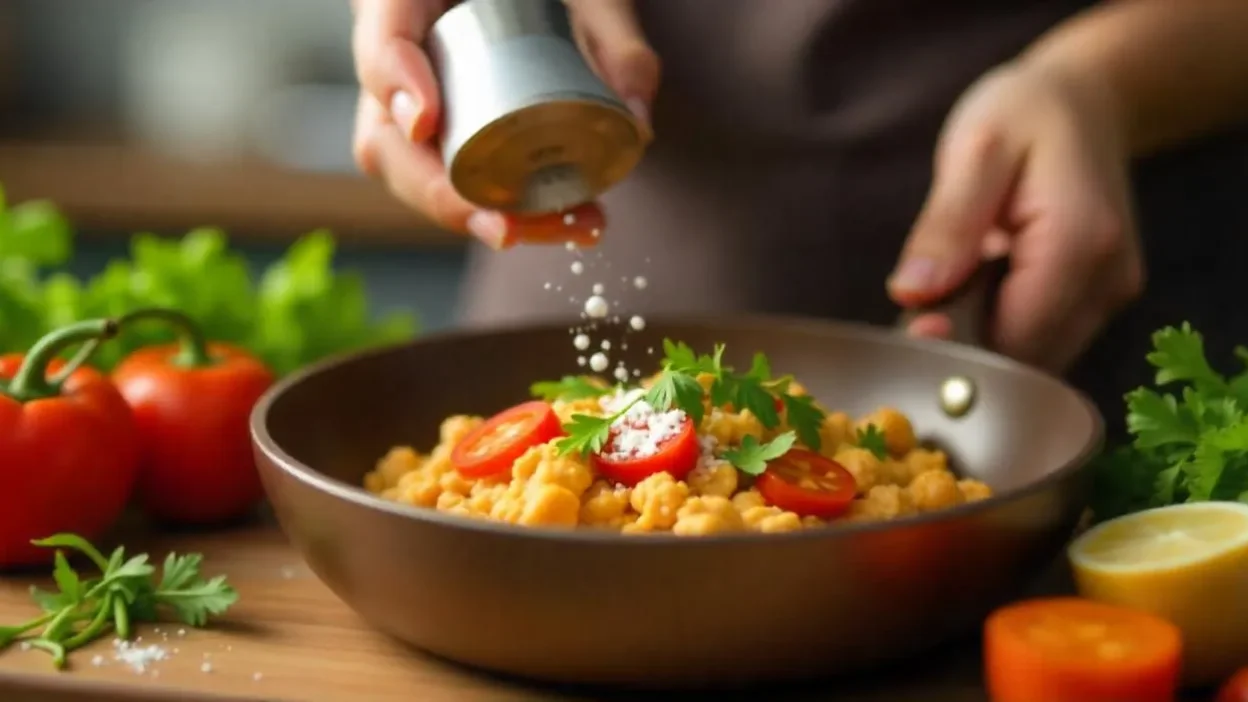 Hands seasoning a plate of food with salt shaker next to fresh vegetables and herbs.