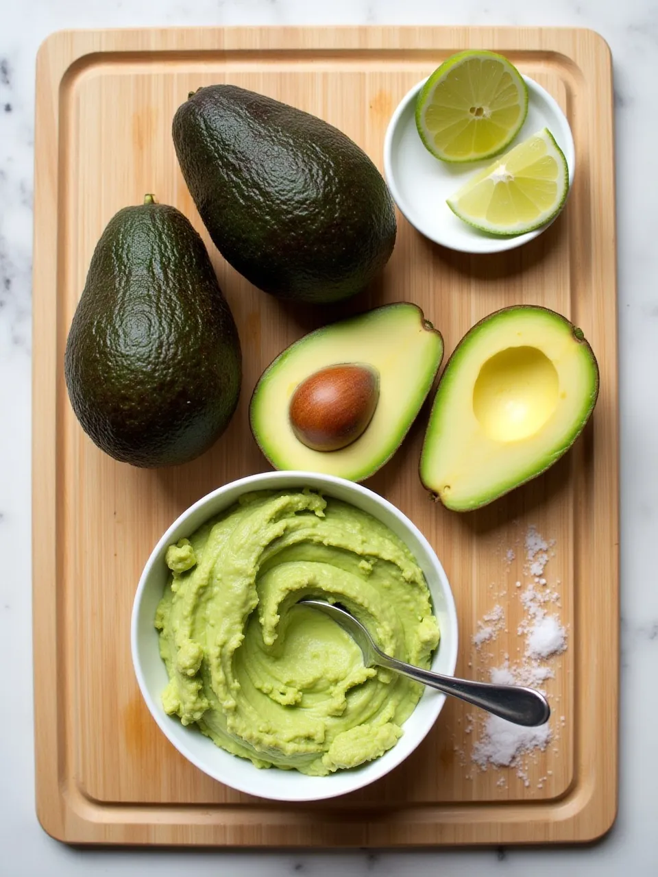 Whole and halved ripe avocados with a bowl of mashed avocado, lime wedges, and salt on a wooden cutting board.