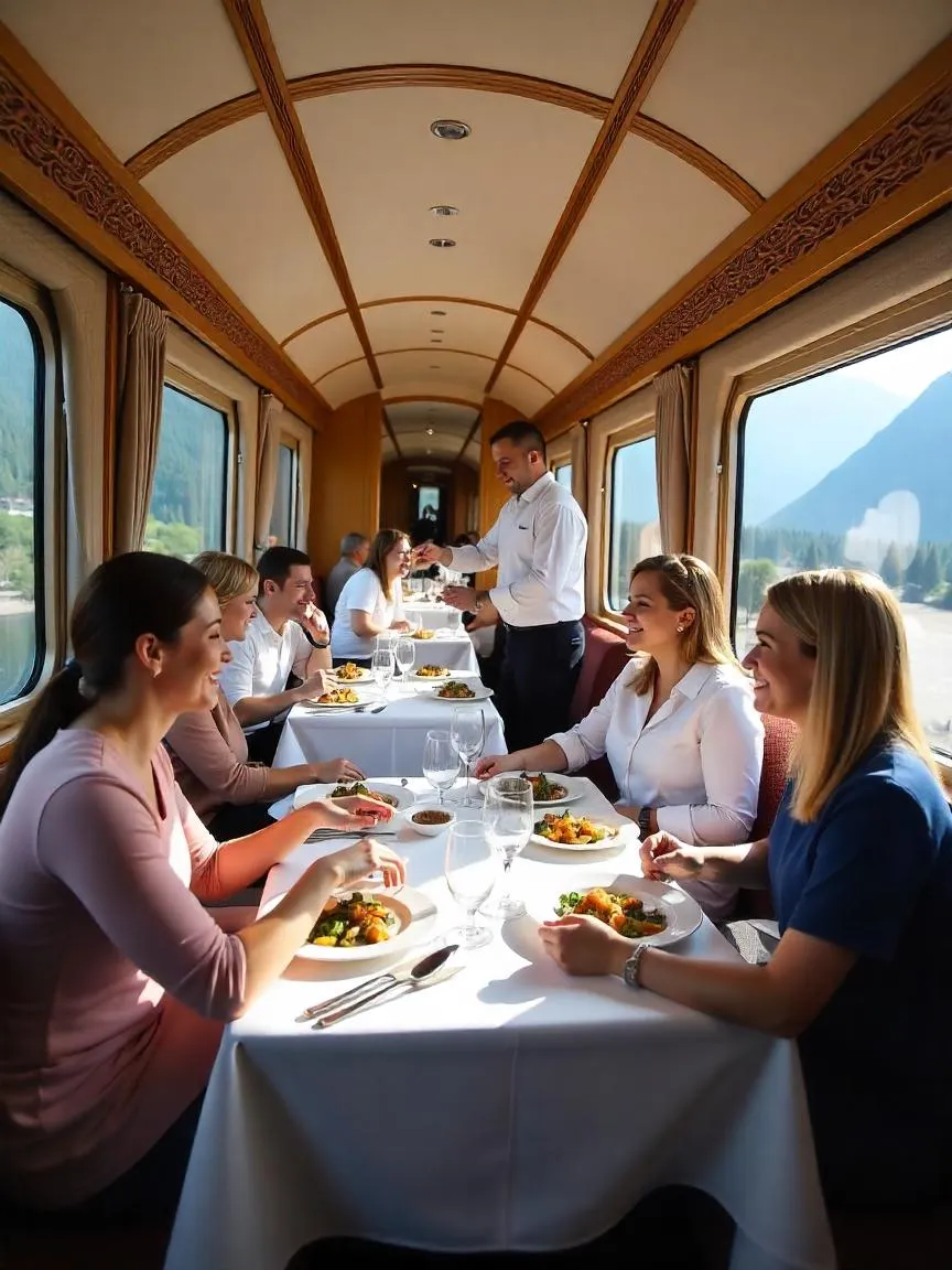 Rocky Mountaineer dining car with mountain views and gourmet Canadian meals.