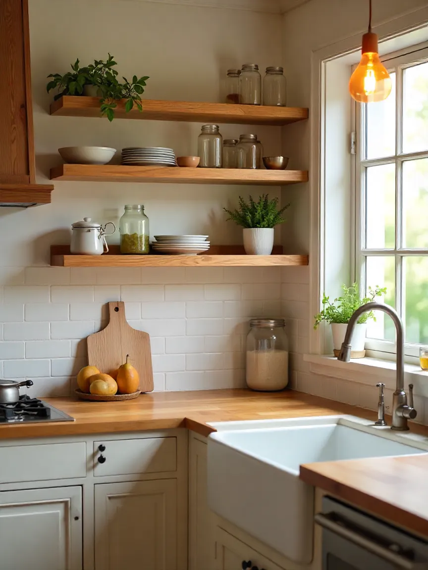 Rustic wooden kitchen shelves decorated with jars, dishes, and greenery against a white subway tile backsplash for a cozy farmhouse vibe.