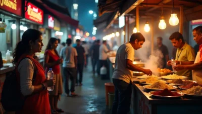 Tourist choosing hot street food at a clean Indian market stall, holding sealed bottled water and observing food hygiene.